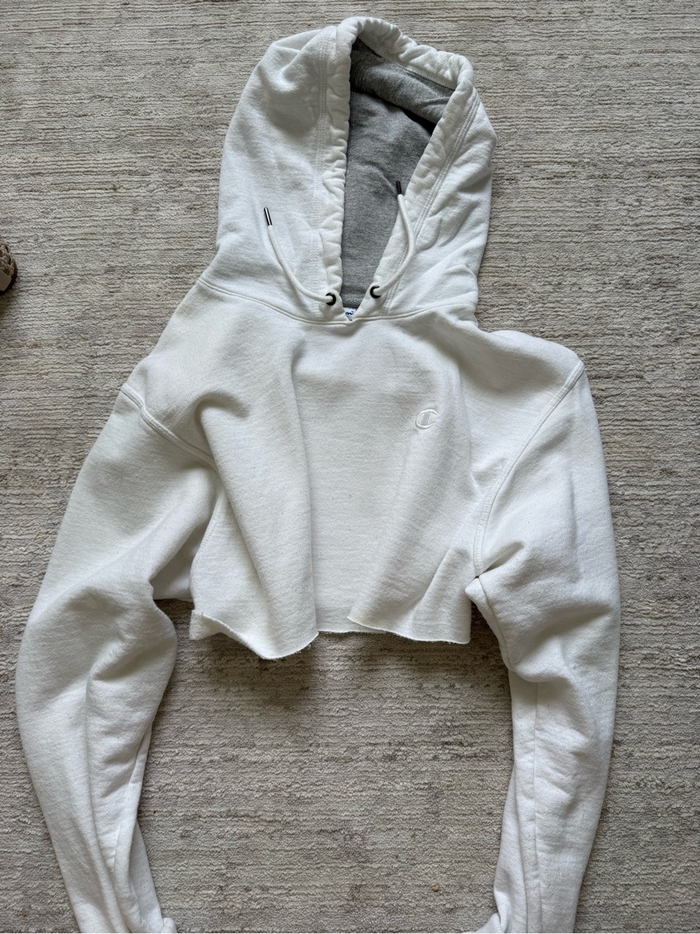 Champion White Cropped Hoodie with Gray Lined Hood - Picture 3 of 4